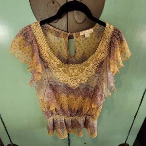 Sheer Yellow short sleeve top, Size M